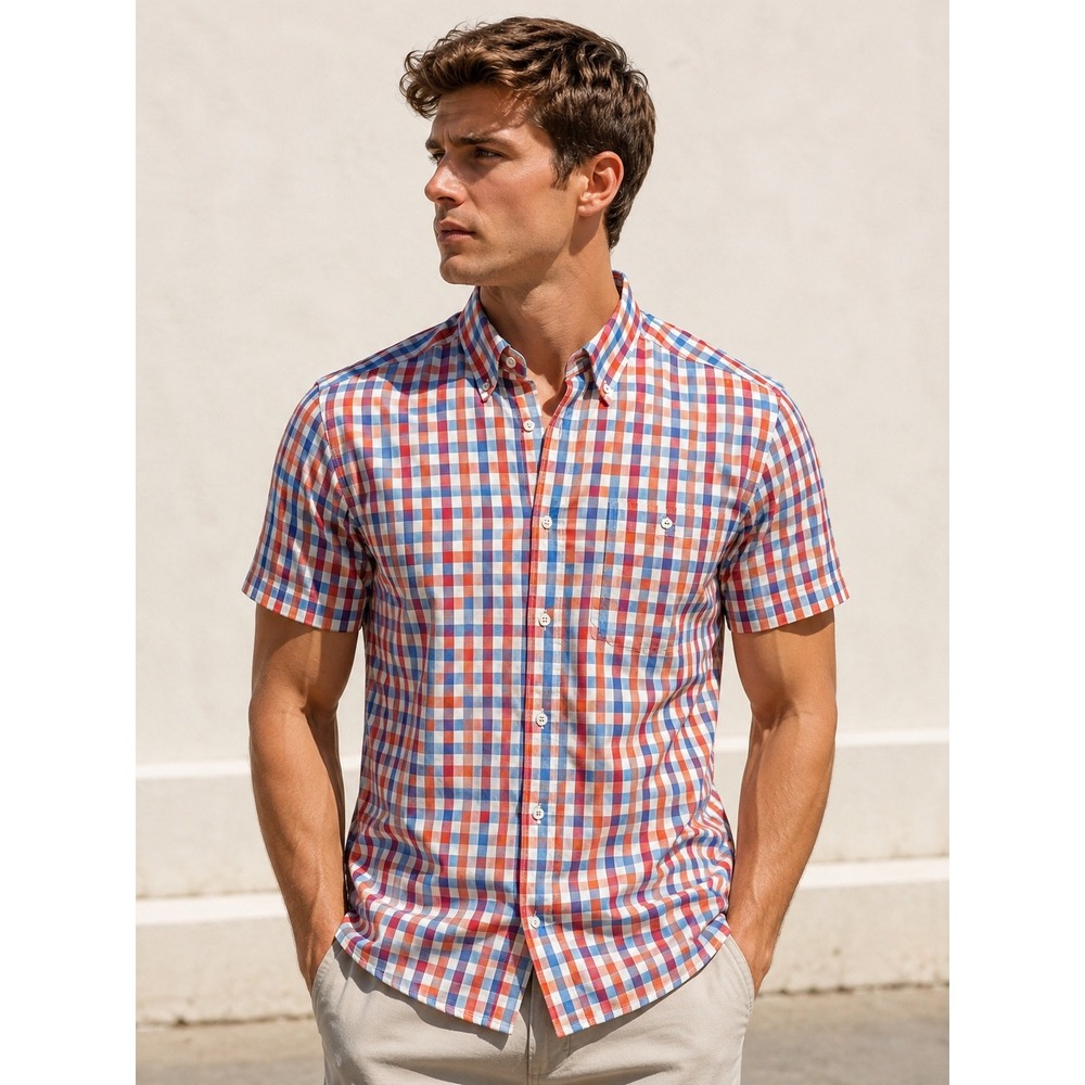 Haupt Mens Short Sleeve Button Down Shirt Red Blue Gingham Check Regular Fit L